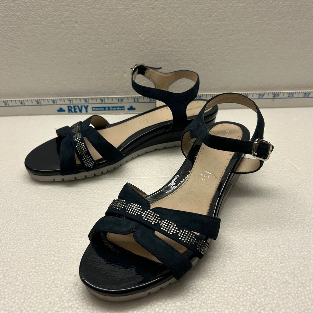 STONEFLY Navy Leather Dress Sandals with Ankle Strap and Silver Detail Size 41